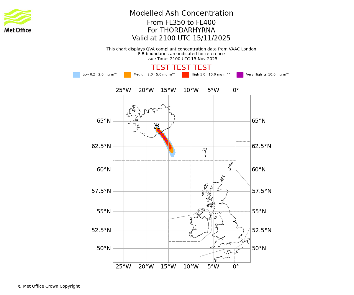 Modelled ash concentration from 350 to 400 for THORDARHYRNA. Valid at 2100 UTC 15/11/2025