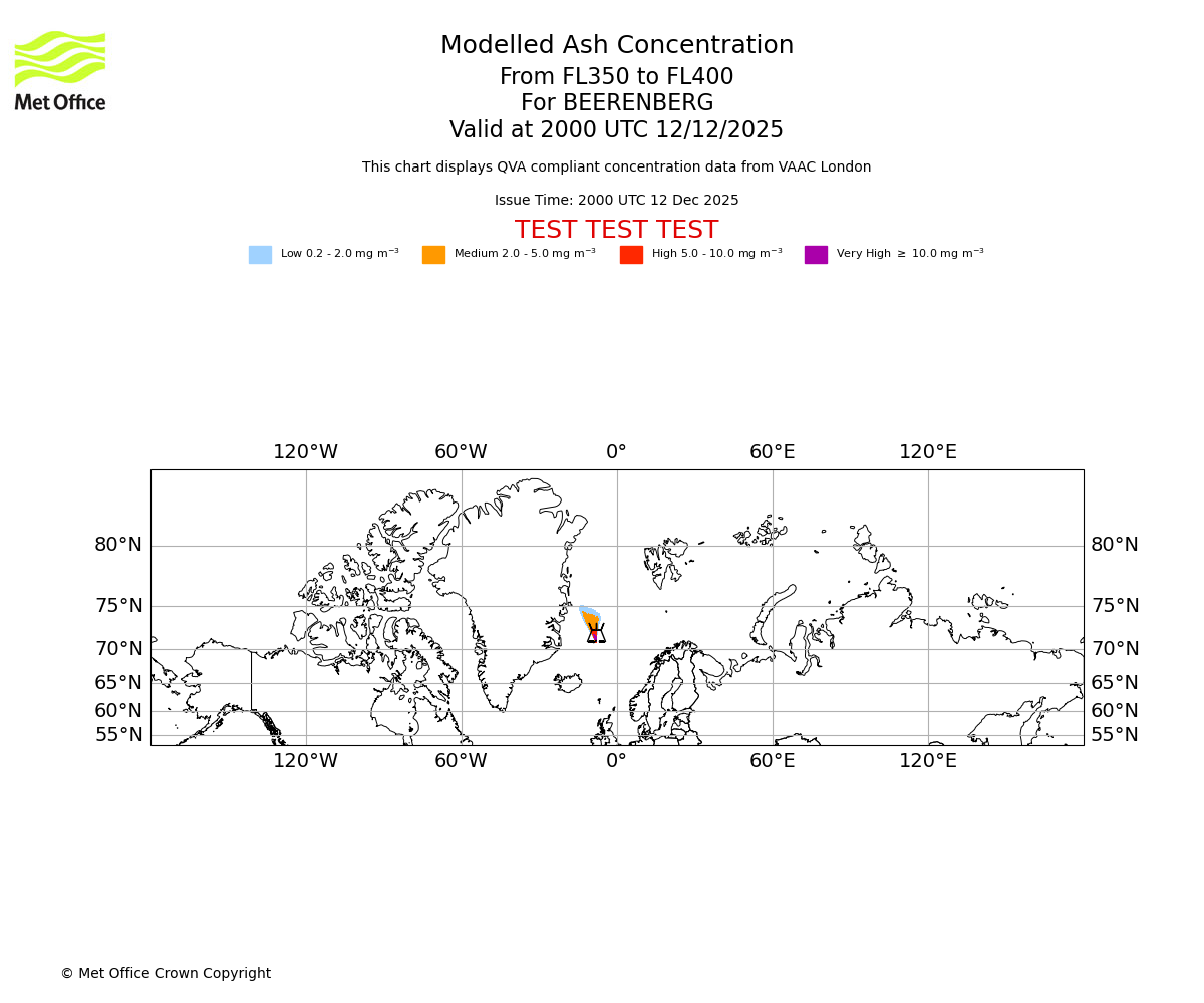 Modelled ash concentration from 350 to 400 for BEERENBERG. Valid at 2000 UTC 12/12/2025