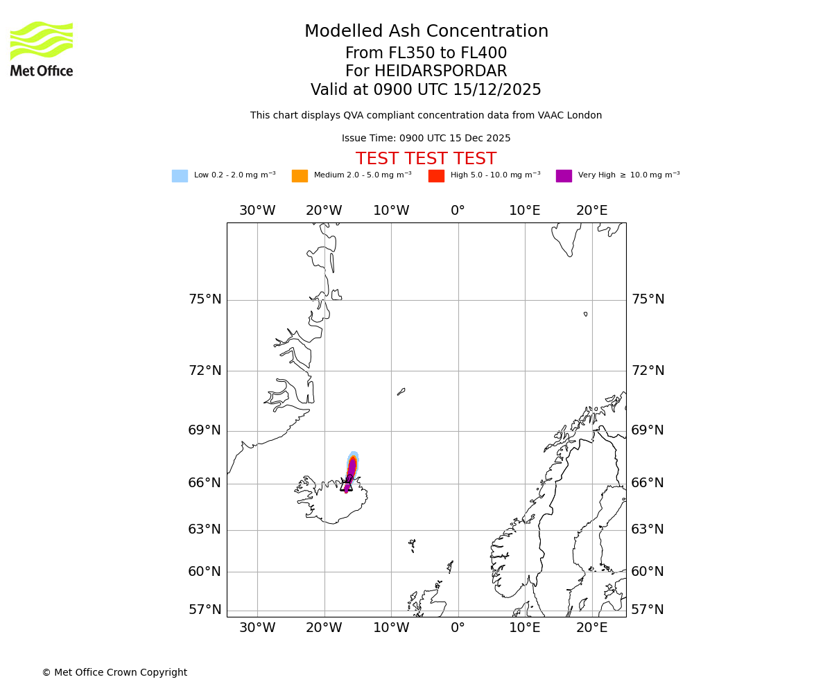 Modelled ash concentration from 350 to 400 for HEIDARSPORDAR. Valid at 0900 UTC 15/12/2025
