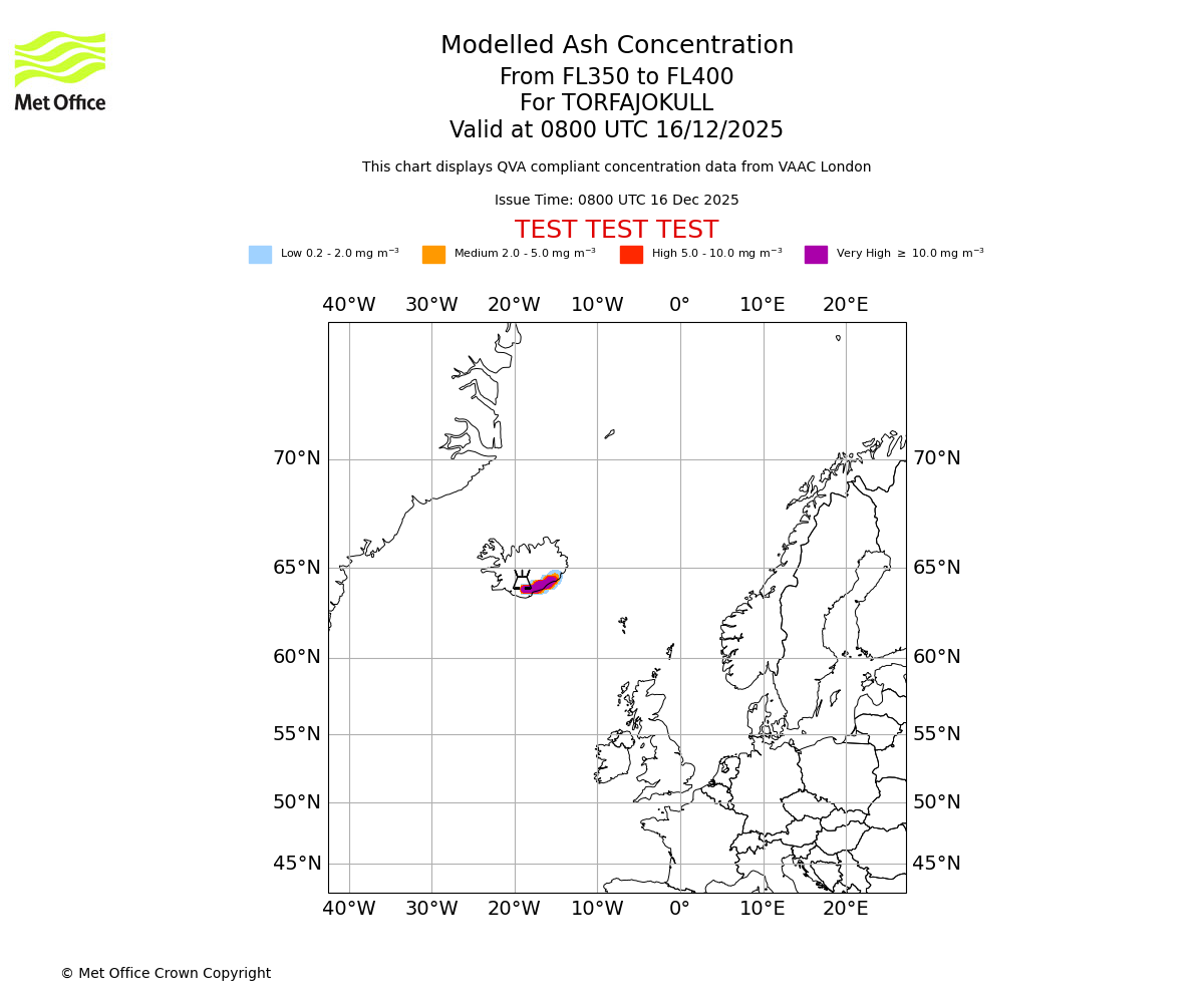 Modelled ash concentration from 350 to 400 for TORFAJOKULL. Valid at 0800 UTC 16/12/2025