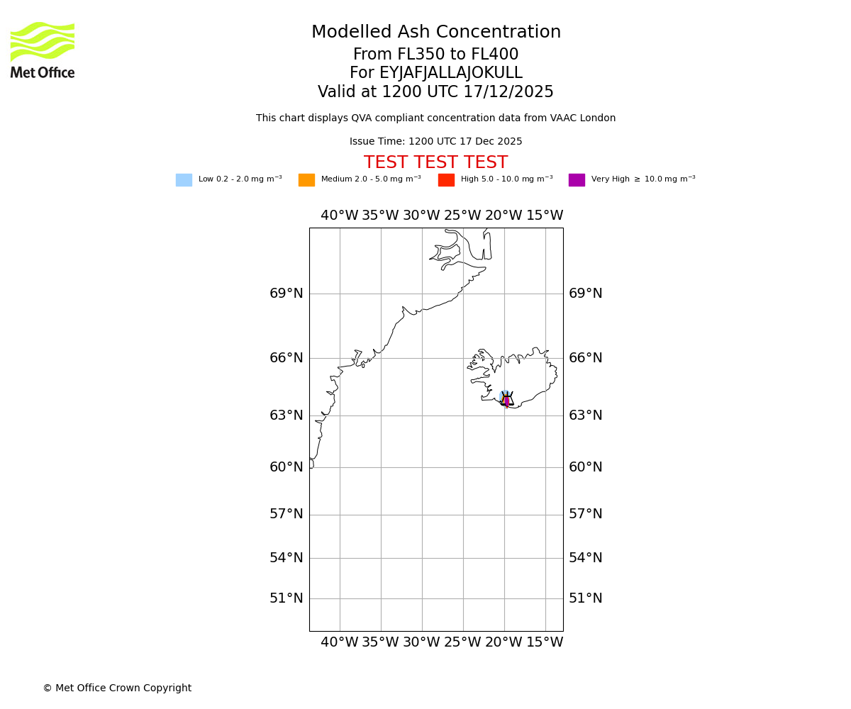 Modelled ash concentration from 350 to 400 for EYJAFJALLAJOKULL. Valid at 1200 UTC 17/12/2025