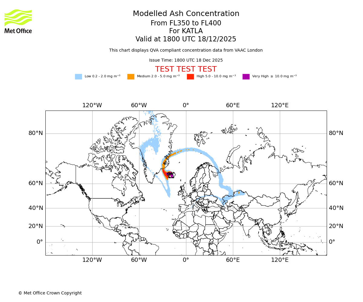 Modelled ash concentration from 350 to 400 for KATLA. Valid at 1800 UTC 18/12/2025