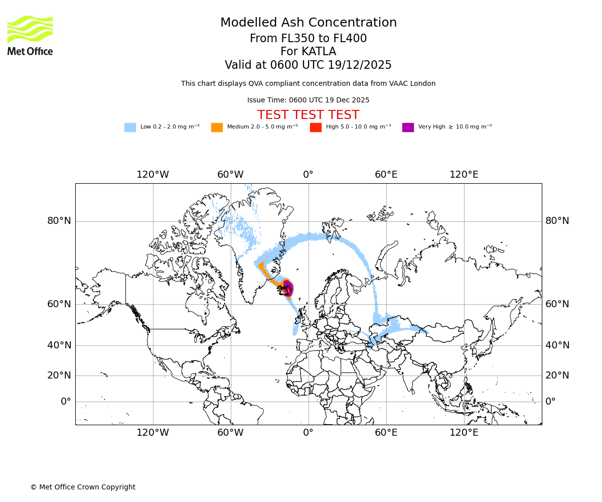 Modelled ash concentration from 350 to 400 for KATLA. Valid at 0600 UTC 19/12/2025
