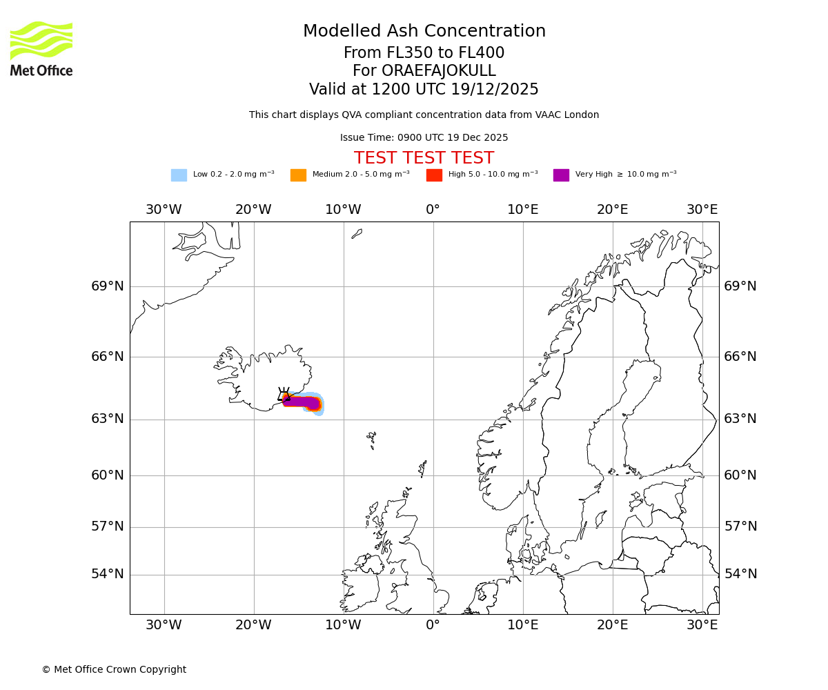 Modelled ash concentration from 350 to 400 for ORAEFAJOKULL. Valid at 1200 UTC 19/12/2025
