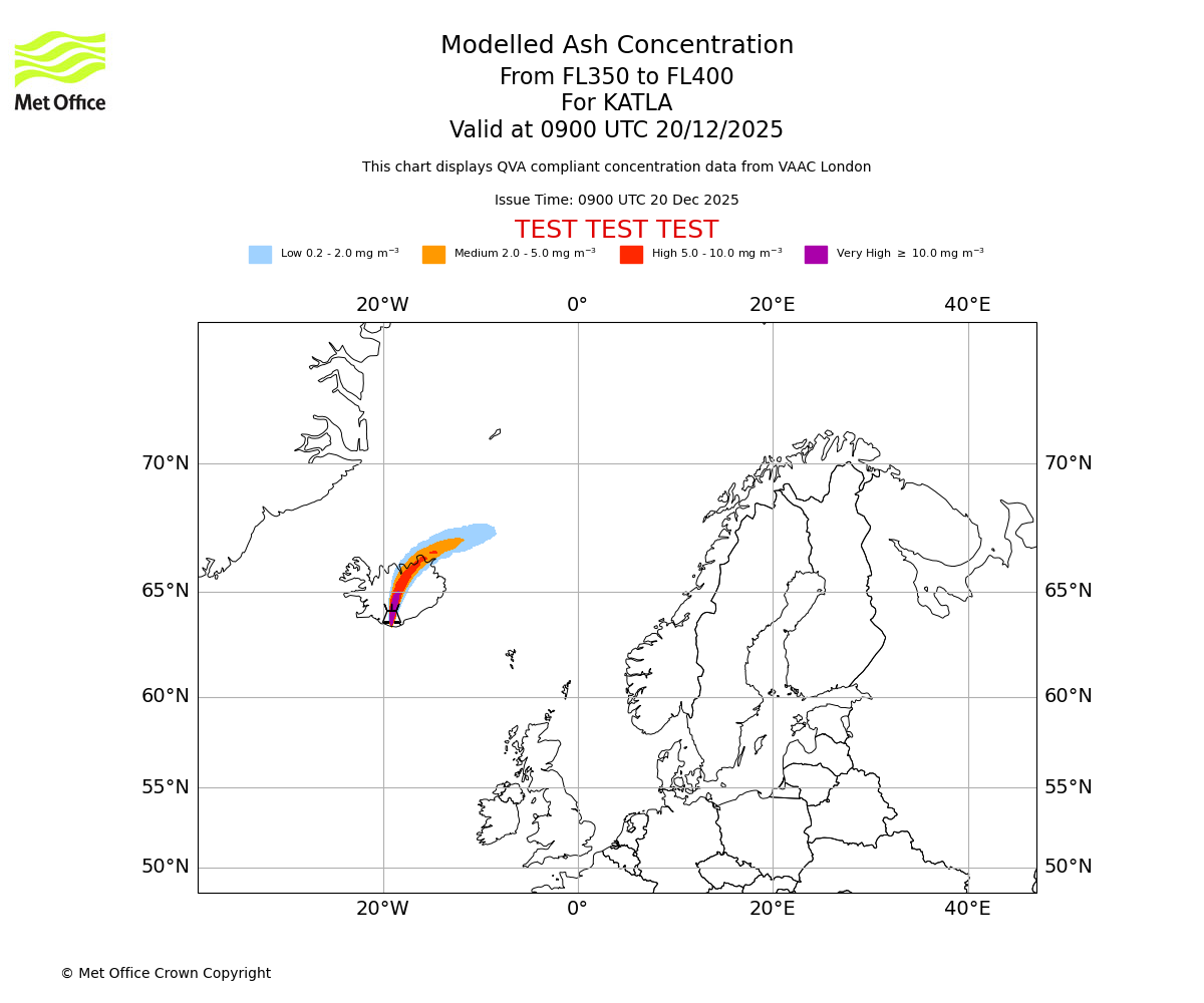 Modelled ash concentration from 350 to 400 for KATLA. Valid at 0900 UTC 20/12/2025