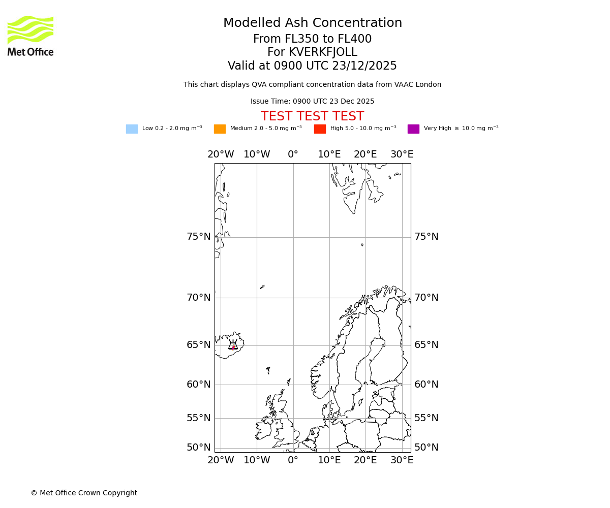 Modelled ash concentration from 350 to 400 for KVERKFJOLL. Valid at 0900 UTC 23/12/2025