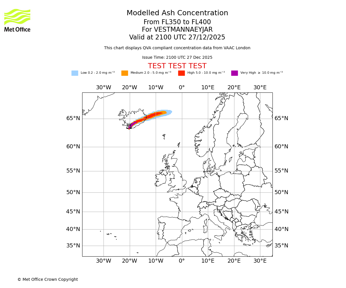 Modelled ash concentration from 350 to 400 for VESTMANNAEYJAR. Valid at 2100 UTC 27/12/2025
