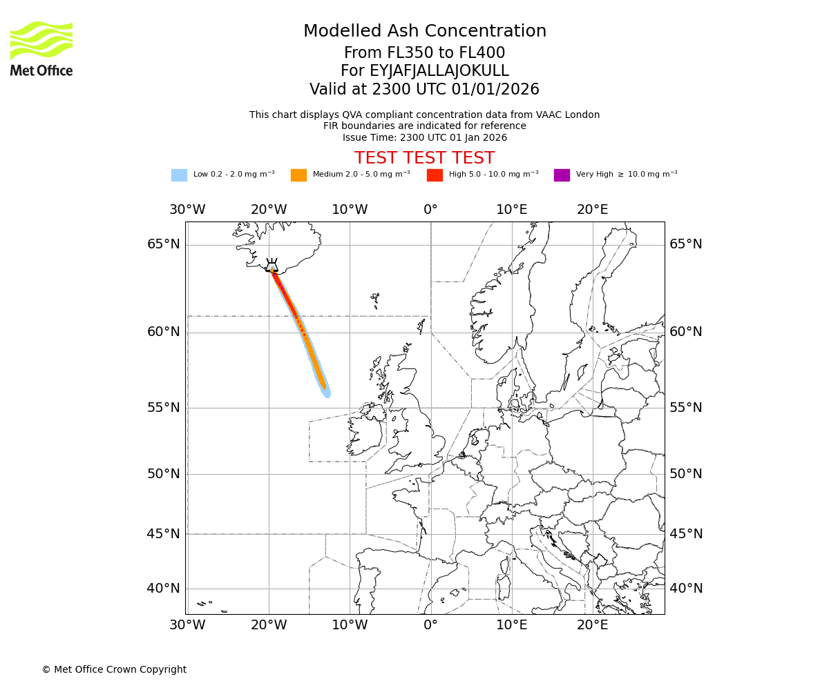 Modelled ash concentration from 350 to 400 for EYJAFJALLAJOKULL. Valid at 2300 UTC 01/01/2026