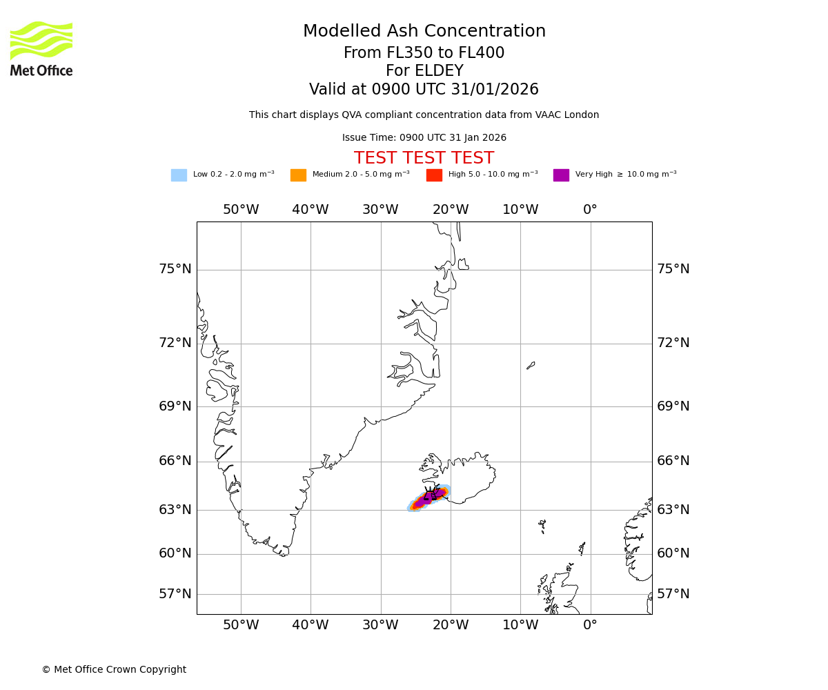 Modelled ash concentration from 350 to 400 for ELDEY. Valid at 0900 UTC 31/01/2026