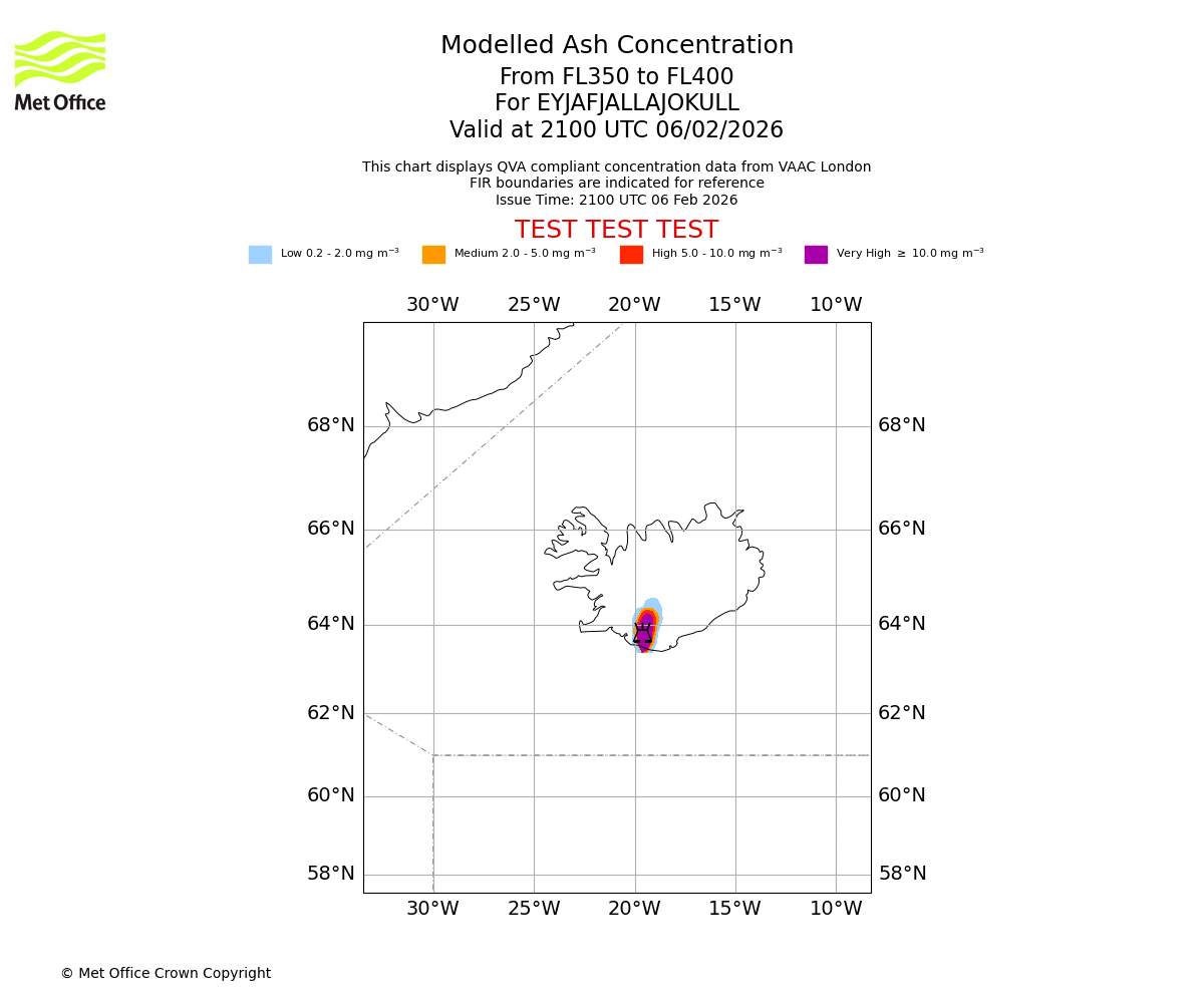 Modelled ash concentration from 350 to 400 for EYJAFJALLAJOKULL. Valid at 2100 UTC 06/02/2026