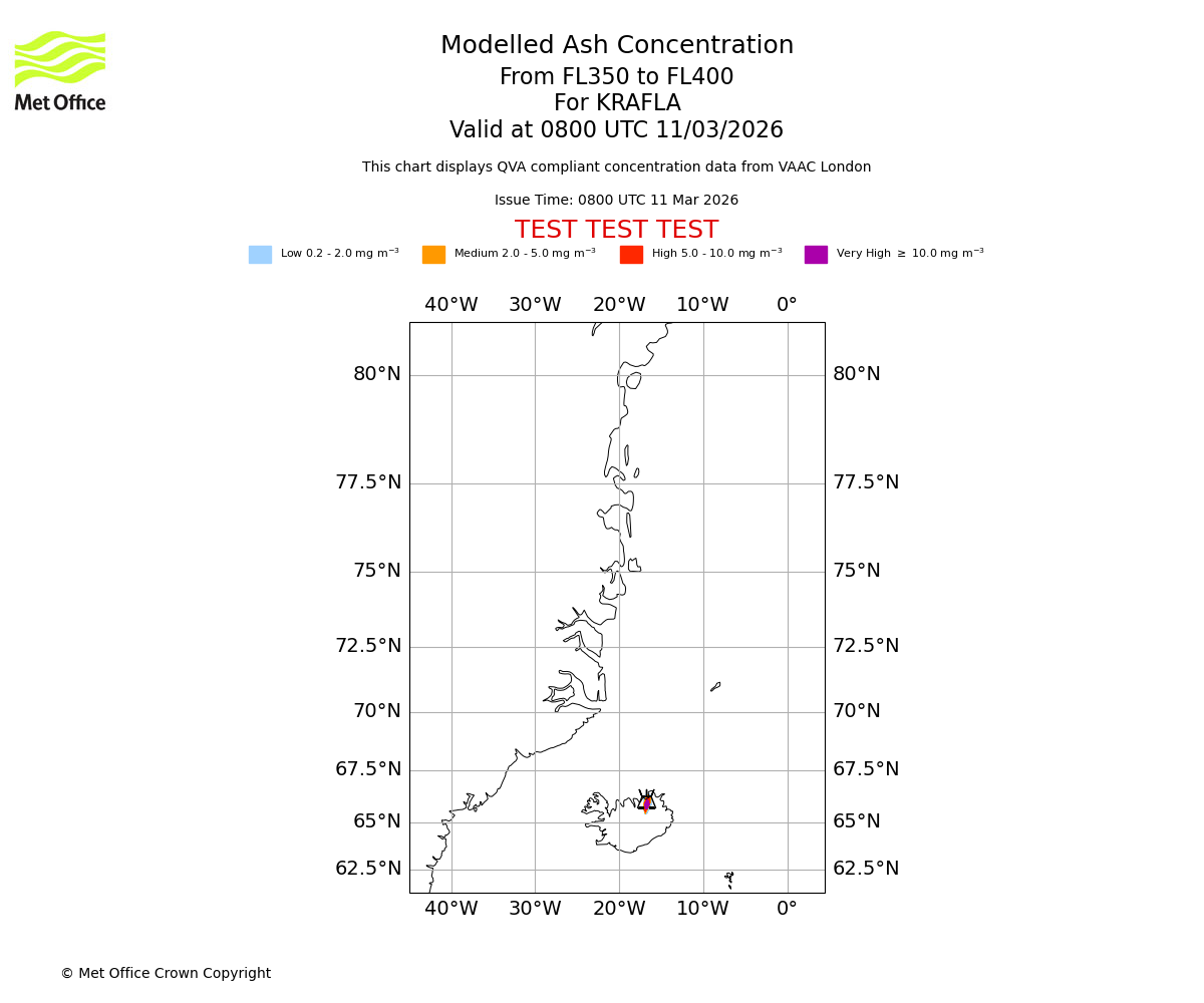 Modelled ash concentration from 350 to 400 for KRAFLA. Valid at 0800 UTC 11/03/2026