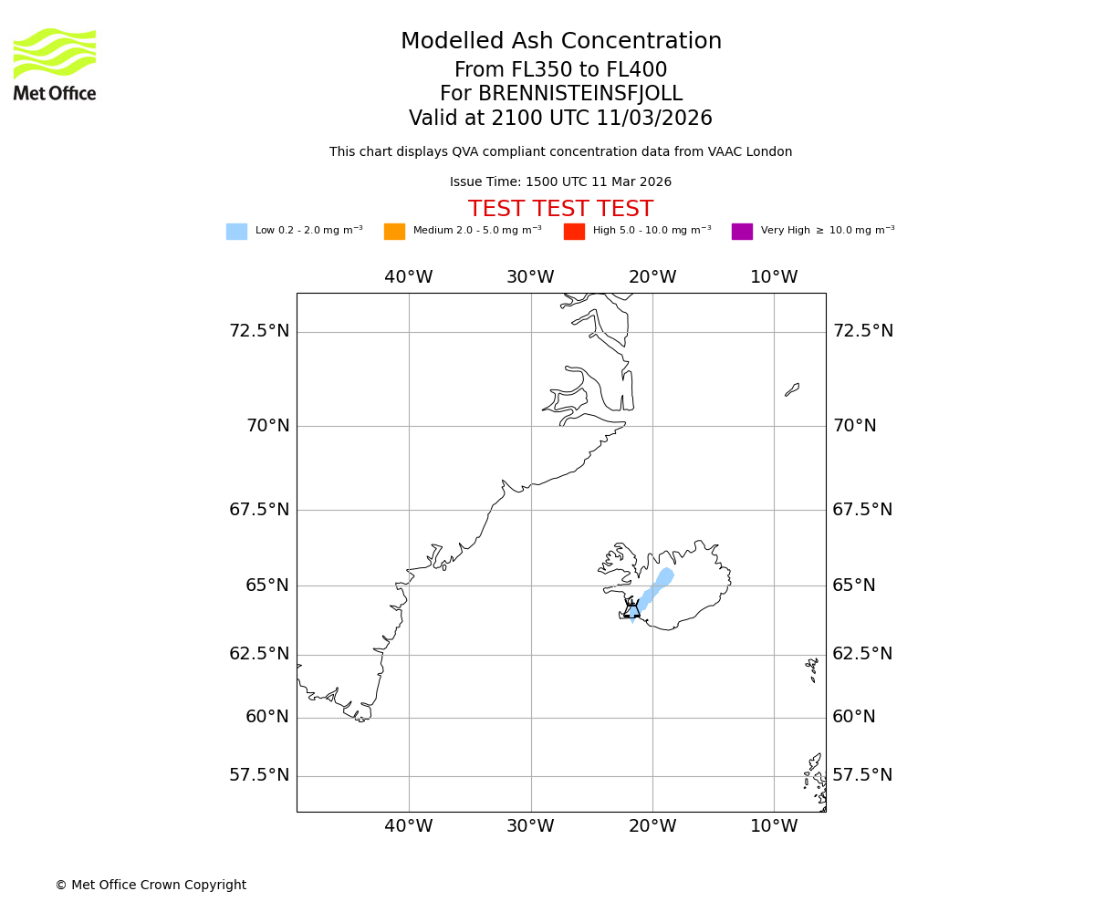 Modelled ash concentration from 350 to 400 for BRENNISTEINSFJOLL. Valid at 2100 UTC 11/03/2026