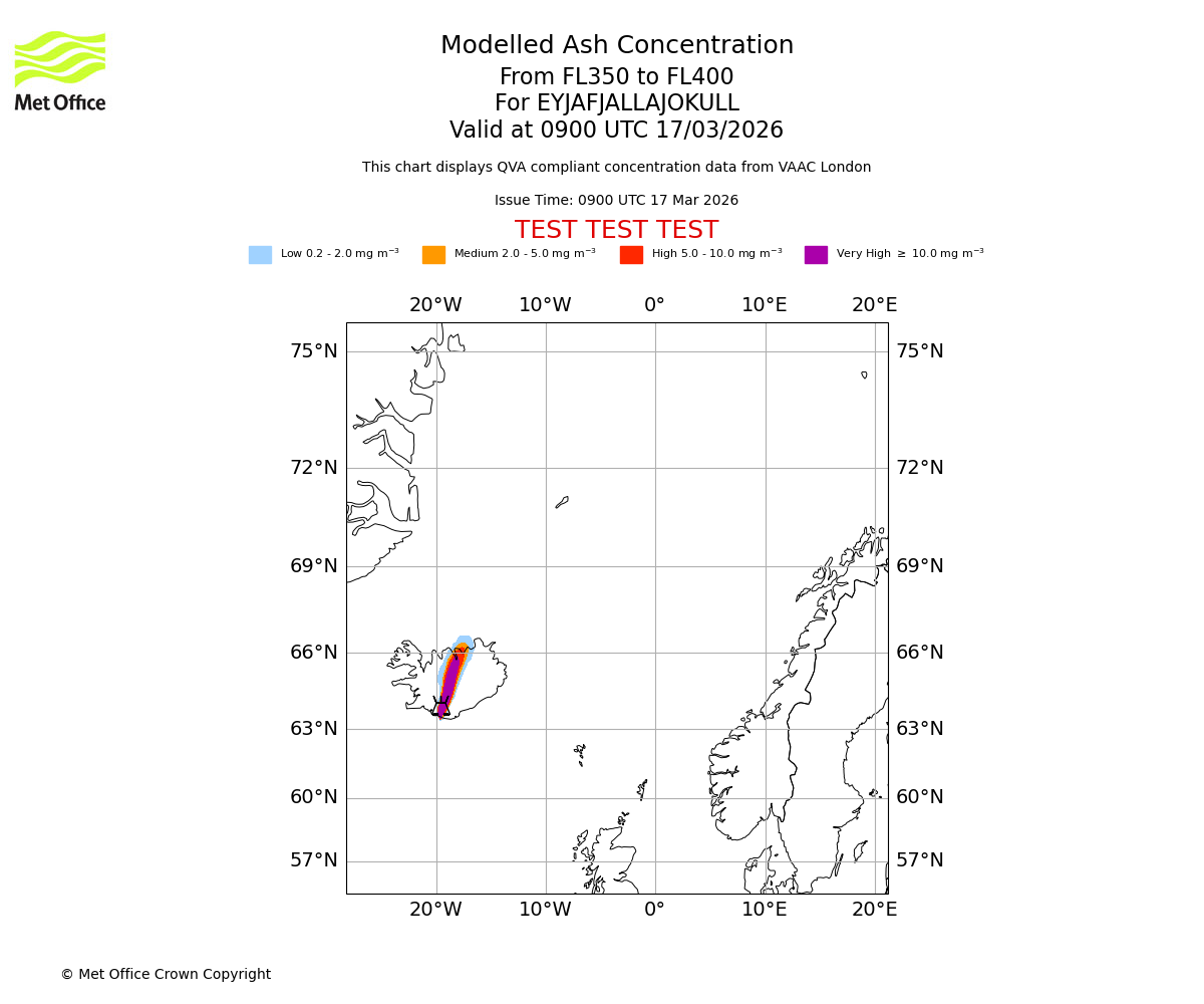 Modelled ash concentration from 350 to 400 for EYJAFJALLAJOKULL. Valid at 0900 UTC 17/03/2026