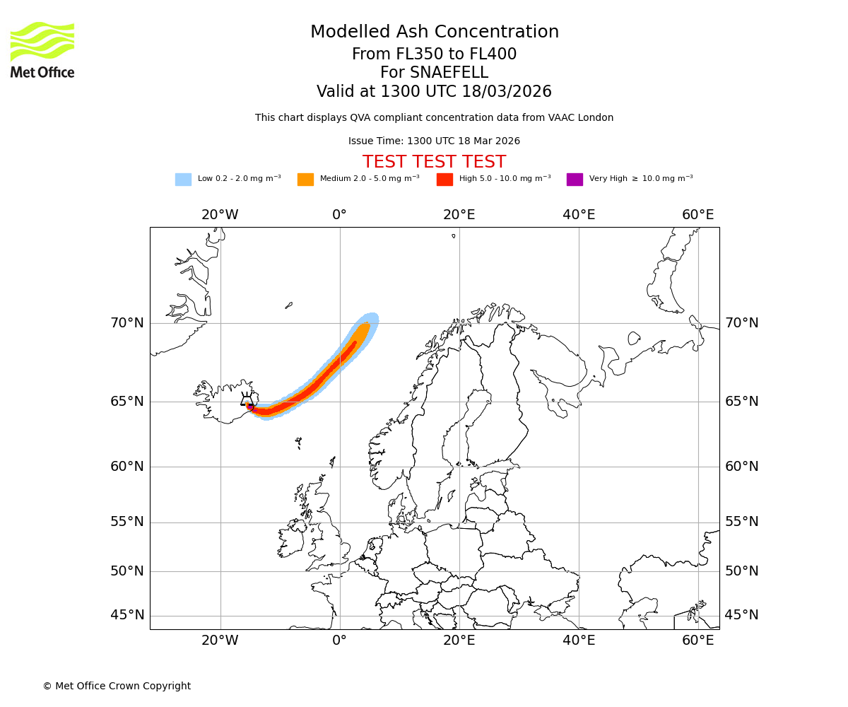 Modelled ash concentration from 350 to 400 for SNAEFELL. Valid at 1300 UTC 18/03/2026