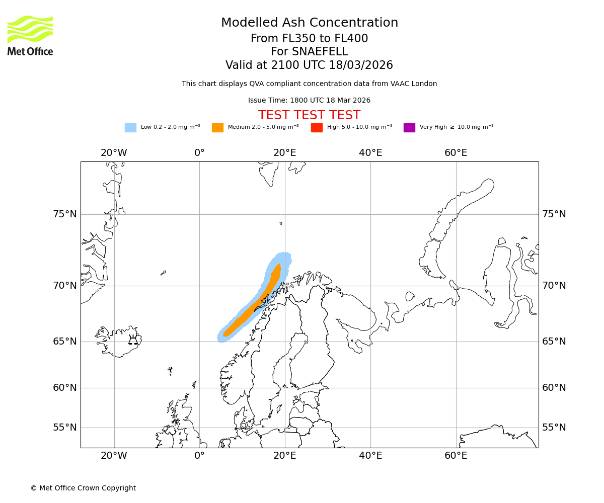 Modelled ash concentration from 350 to 400 for SNAEFELL. Valid at 2100 UTC 18/03/2026