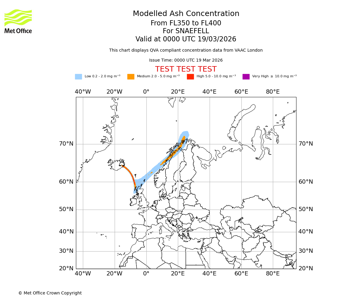 Modelled ash concentration from 350 to 400 for SNAEFELL. Valid at 0000 UTC 19/03/2026
