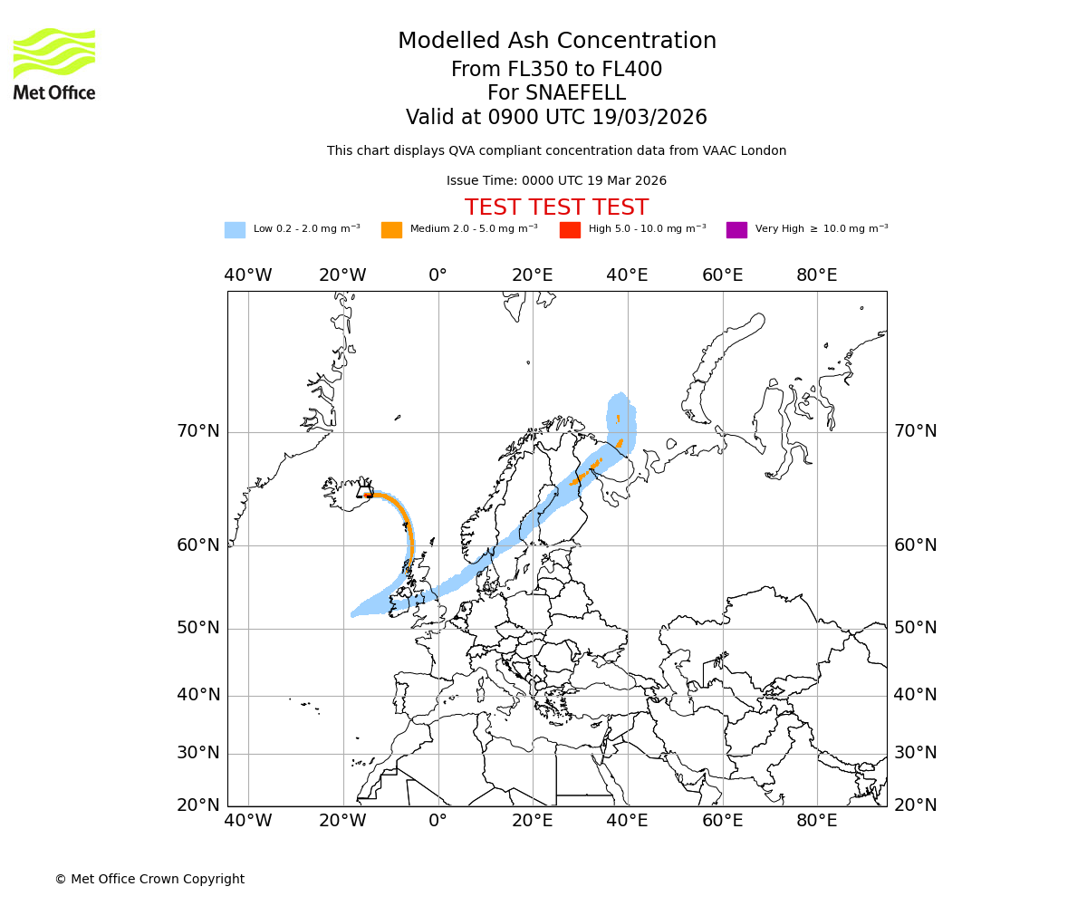 Modelled ash concentration from 350 to 400 for SNAEFELL. Valid at 0900 UTC 19/03/2026
