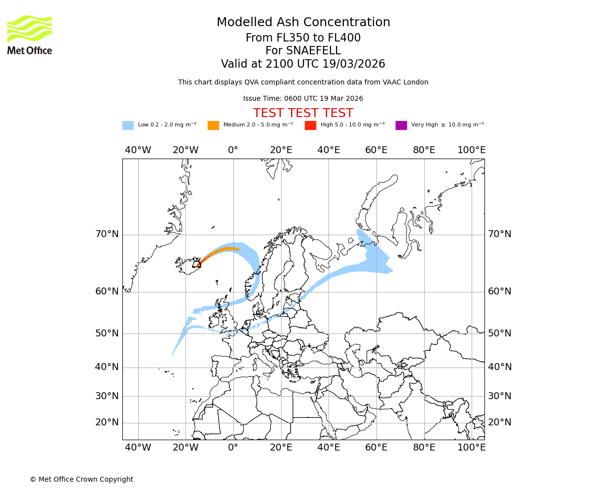 Modelled ash concentration from 350 to 400 for SNAEFELL. Valid at 2100 UTC 19/03/2026