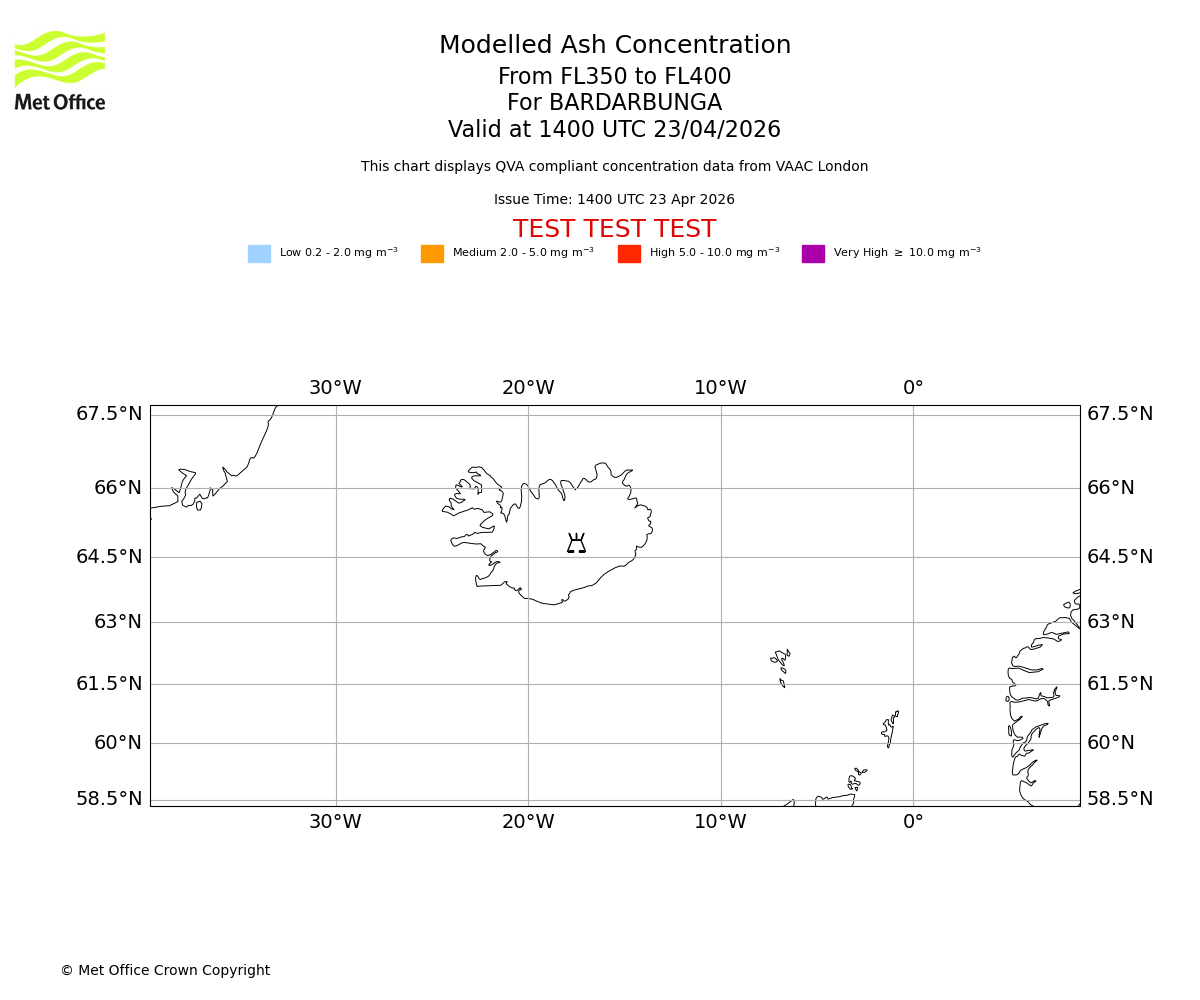 Modelled ash concentration from 350 to 400 for BARDARBUNGA. Valid at 1400 UTC 23/04/2026