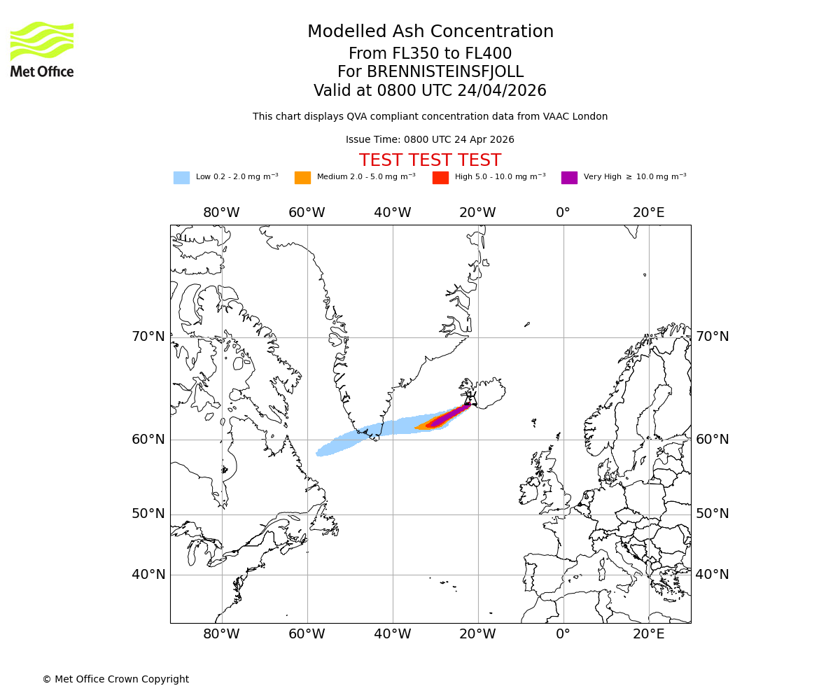 Modelled ash concentration from 350 to 400 for BRENNISTEINSFJOLL. Valid at 0800 UTC 24/04/2026