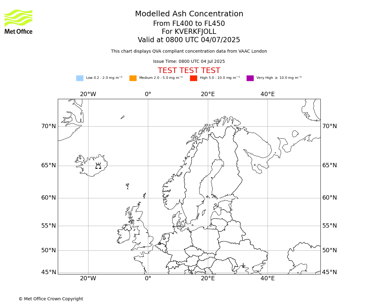 Modelled ash concentration from 400 to 450 for KVERKFJOLL. Valid at 0800 UTC 04/07/2025