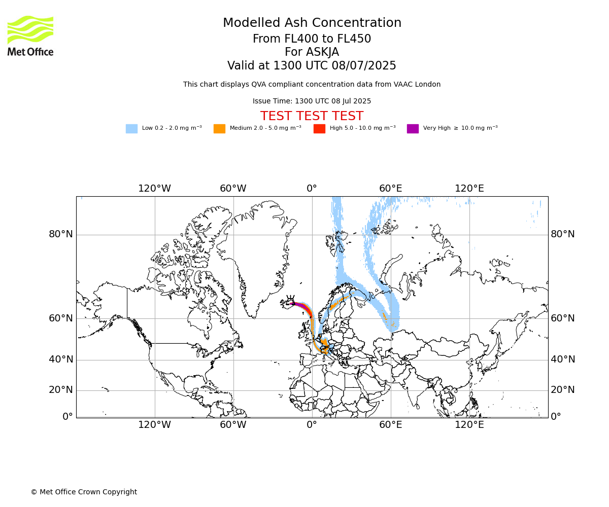 Modelled ash concentration from 400 to 450 for ASKJA. Valid at 1300 UTC 08/07/2025