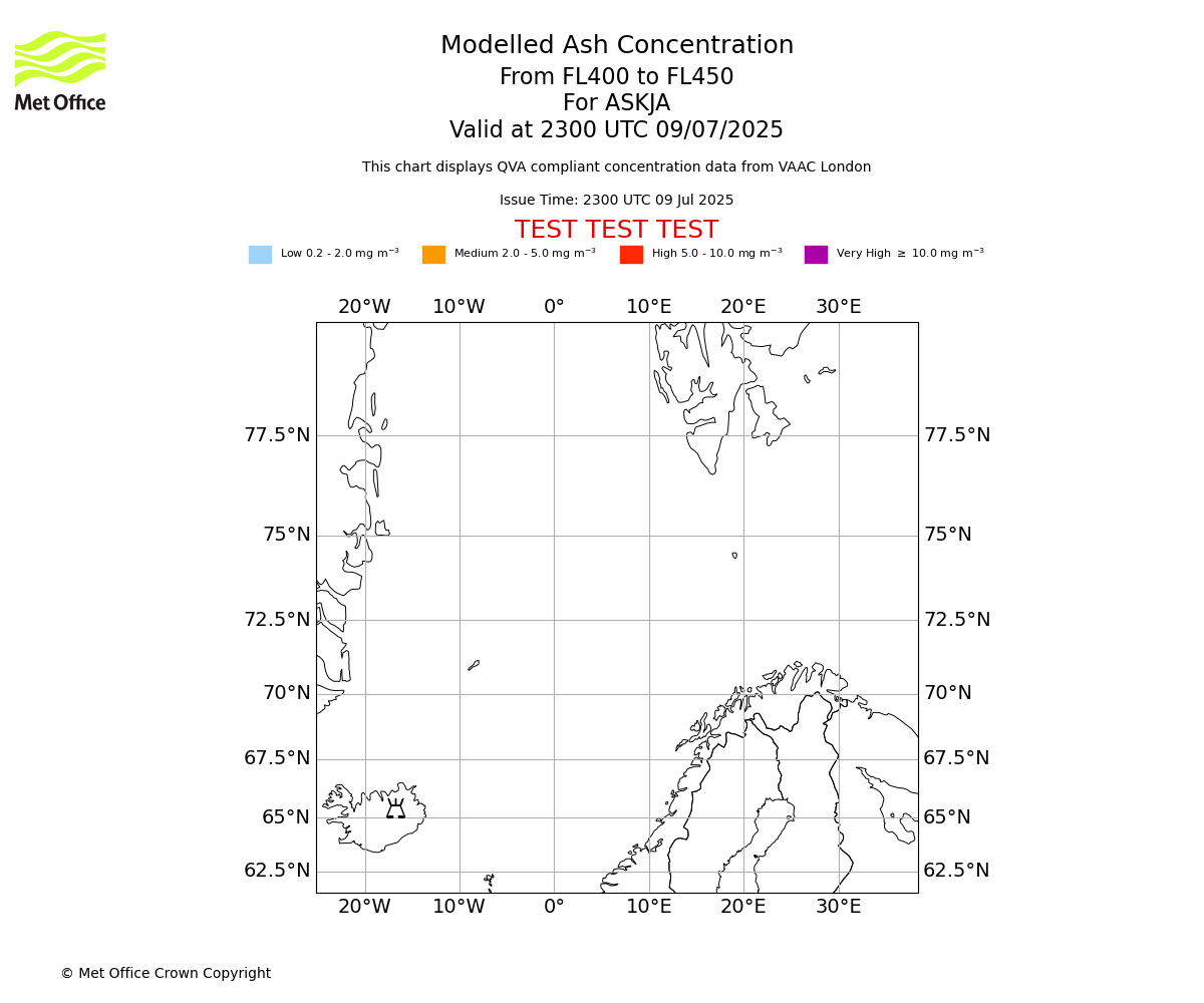 Modelled ash concentration from 400 to 450 for ASKJA. Valid at 2300 UTC 09/07/2025