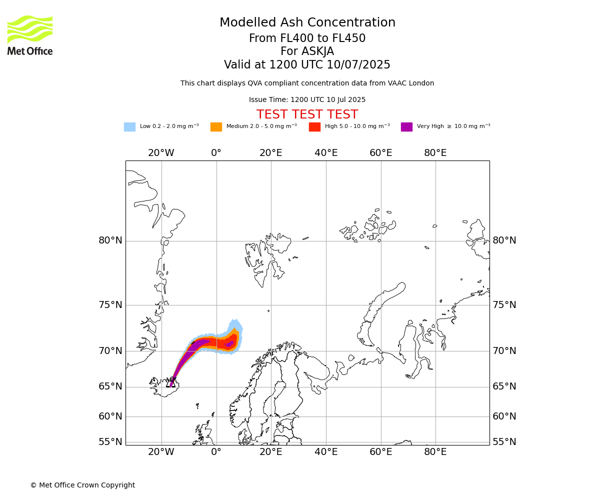 Modelled ash concentration from 400 to 450 for ASKJA. Valid at 1200 UTC 10/07/2025