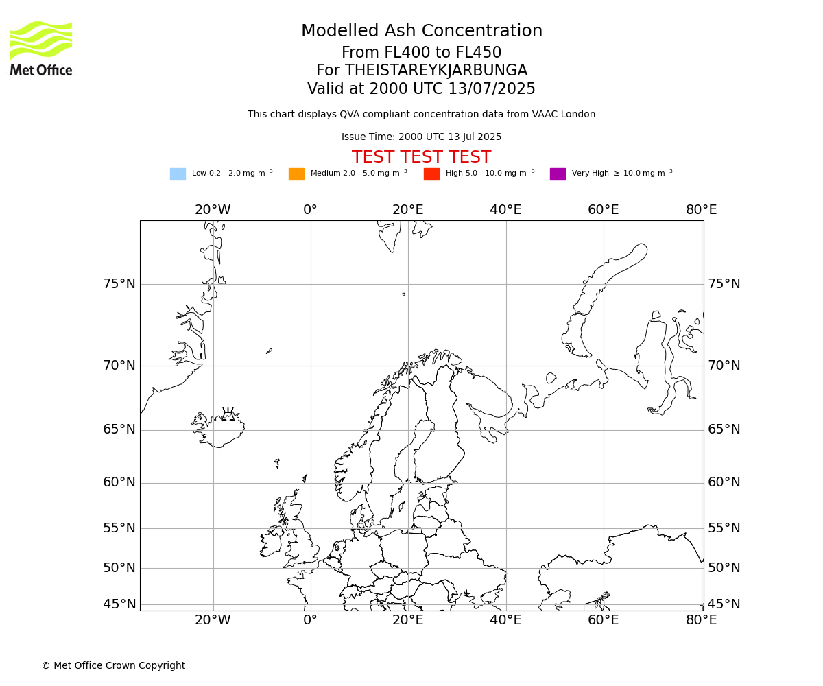 Modelled ash concentration from 400 to 450 for THEISTAREYKJARBUNGA. Valid at 2000 UTC 13/07/2025