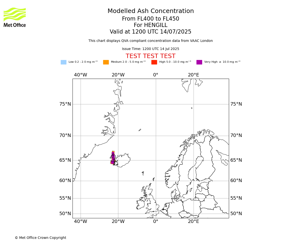 Modelled ash concentration from 400 to 450 for HENGILL. Valid at 1200 UTC 14/07/2025