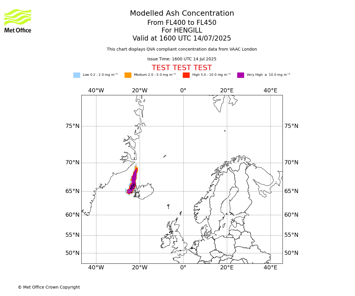 Modelled ash concentration from 400 to 450 for HENGILL. Valid at 1600 UTC 14/07/2025