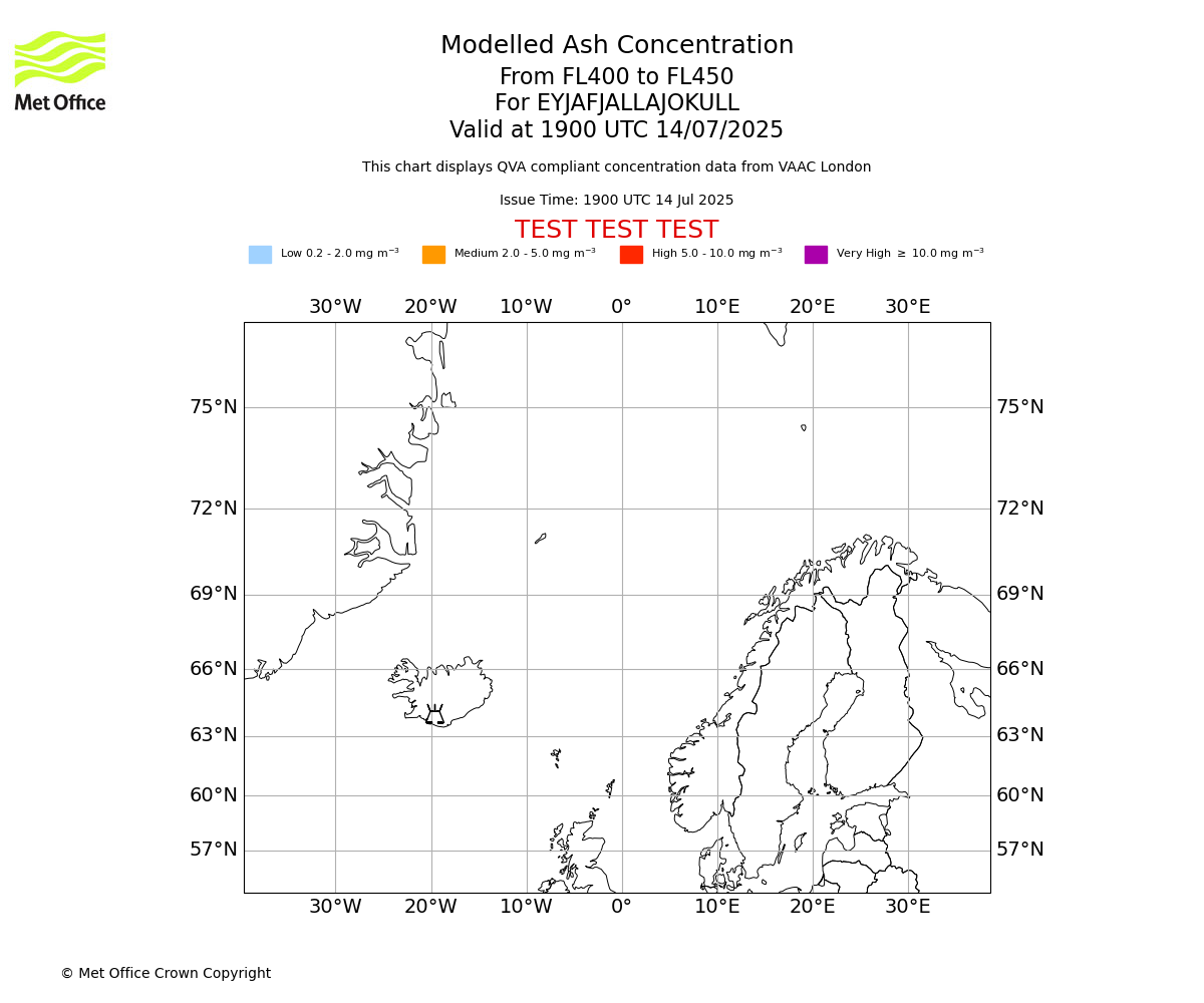 Modelled ash concentration from 400 to 450 for EYJAFJALLAJOKULL. Valid at 1900 UTC 14/07/2025
