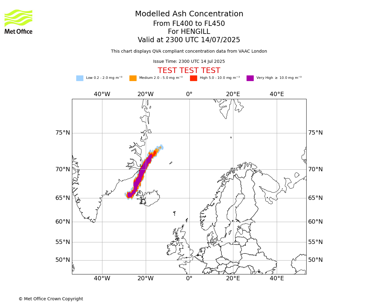 Modelled ash concentration from 400 to 450 for HENGILL. Valid at 2300 UTC 14/07/2025