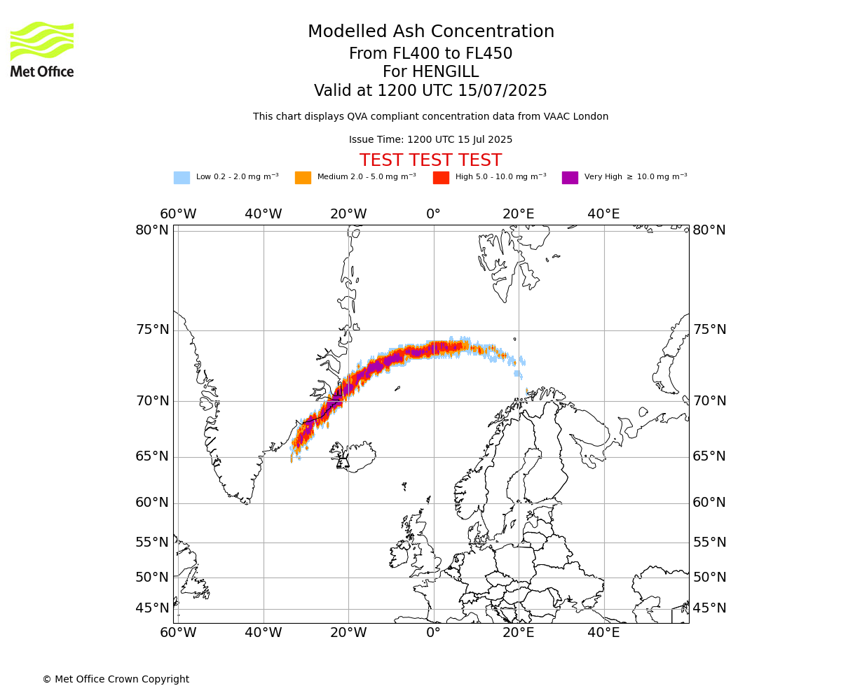 Modelled ash concentration from 400 to 450 for HENGILL. Valid at 1200 UTC 15/07/2025