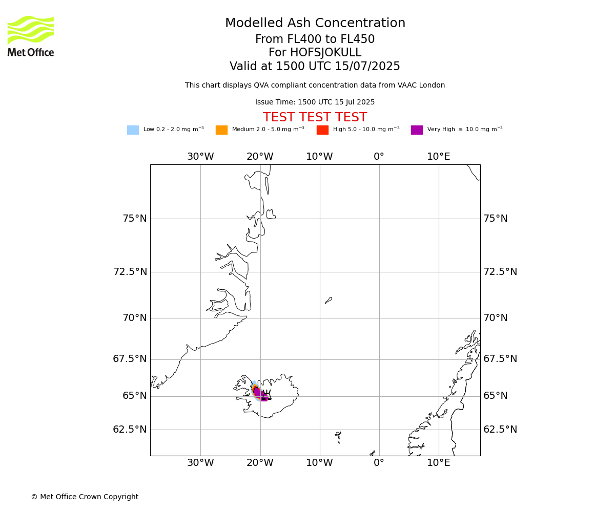 Modelled ash concentration from 400 to 450 for HOFSJOKULL. Valid at 1500 UTC 15/07/2025