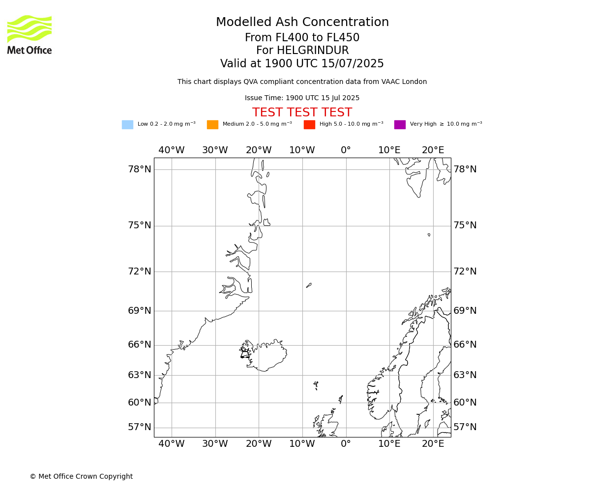 Modelled ash concentration from 400 to 450 for HELGRINDUR. Valid at 1900 UTC 15/07/2025