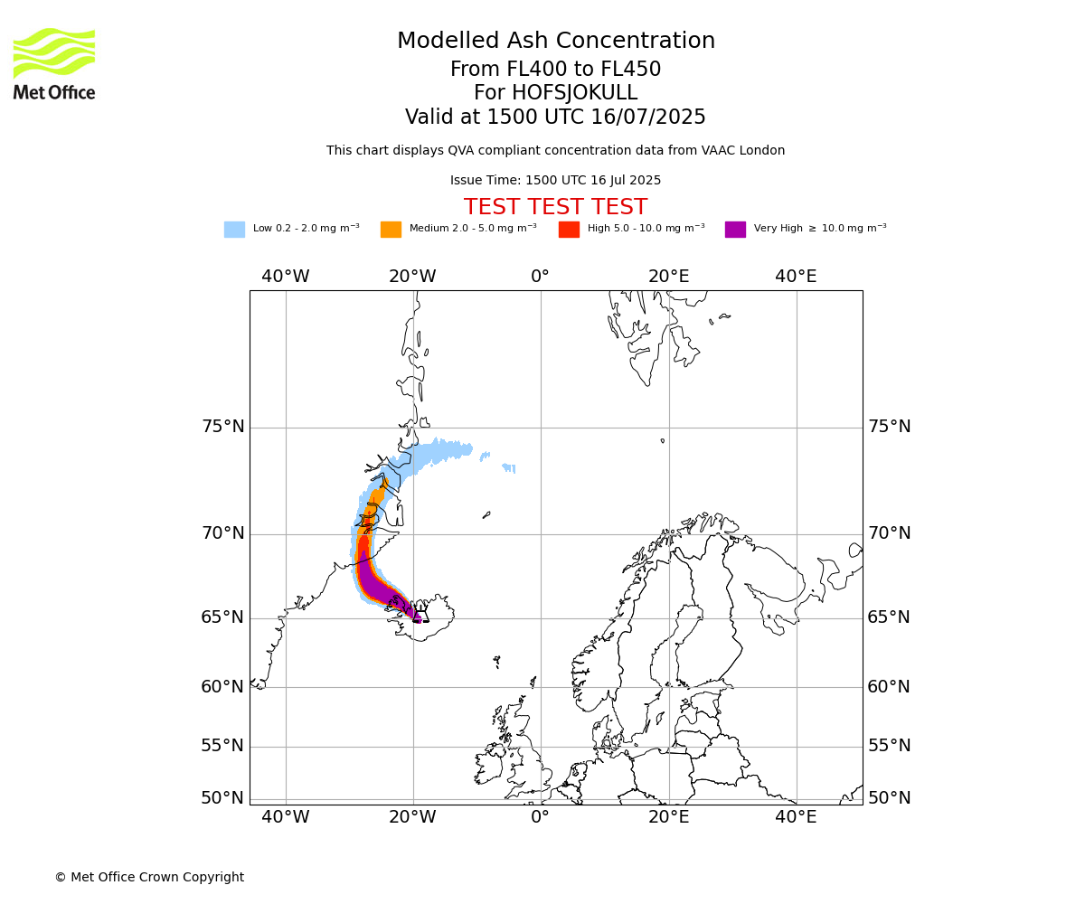 Modelled ash concentration from 400 to 450 for HOFSJOKULL. Valid at 1500 UTC 16/07/2025