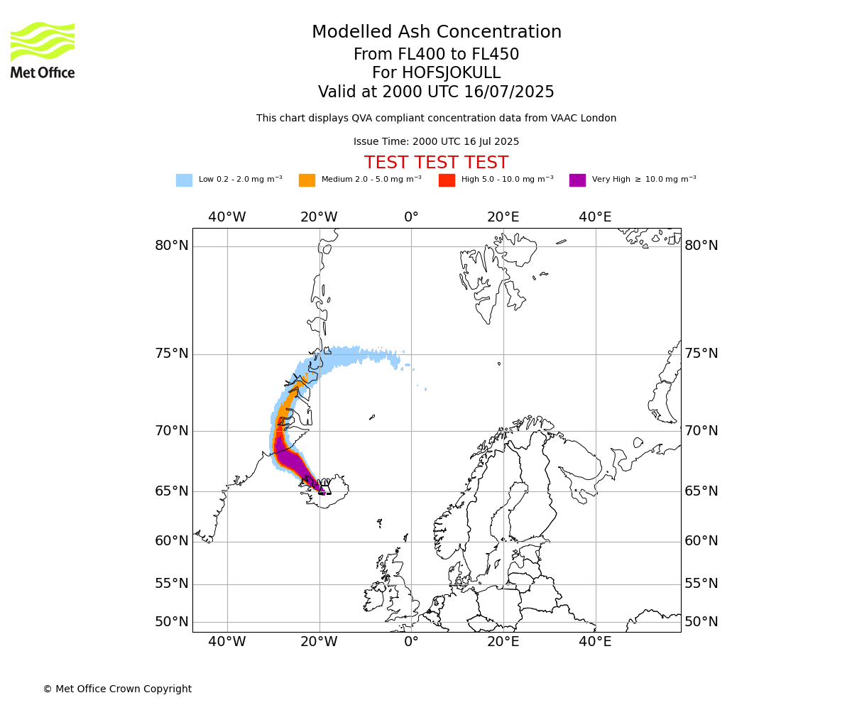 Modelled ash concentration from 400 to 450 for HOFSJOKULL. Valid at 2000 UTC 16/07/2025