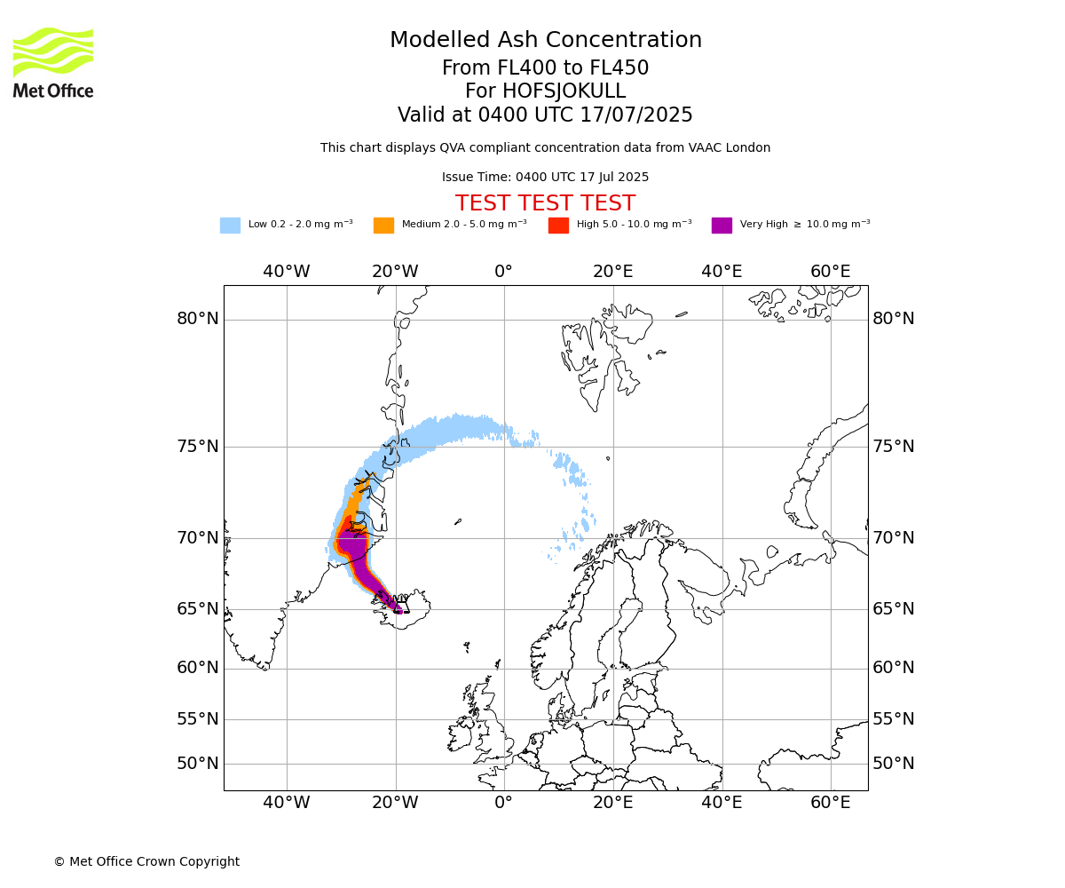 Modelled ash concentration from 400 to 450 for HOFSJOKULL. Valid at 0400 UTC 17/07/2025