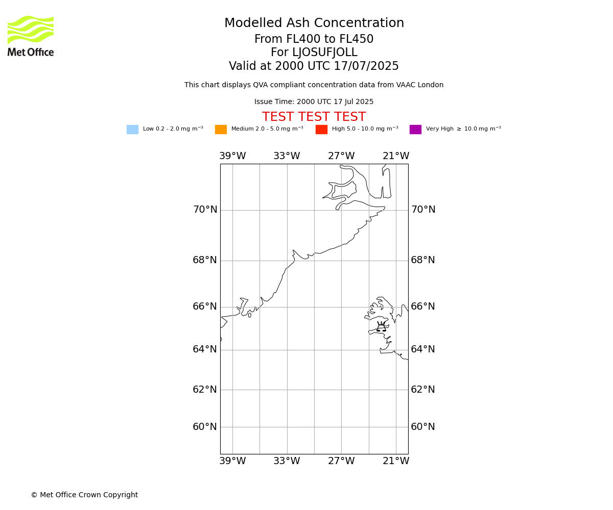 Modelled ash concentration from 400 to 450 for LJOSUFJOLL. Valid at 2000 UTC 17/07/2025