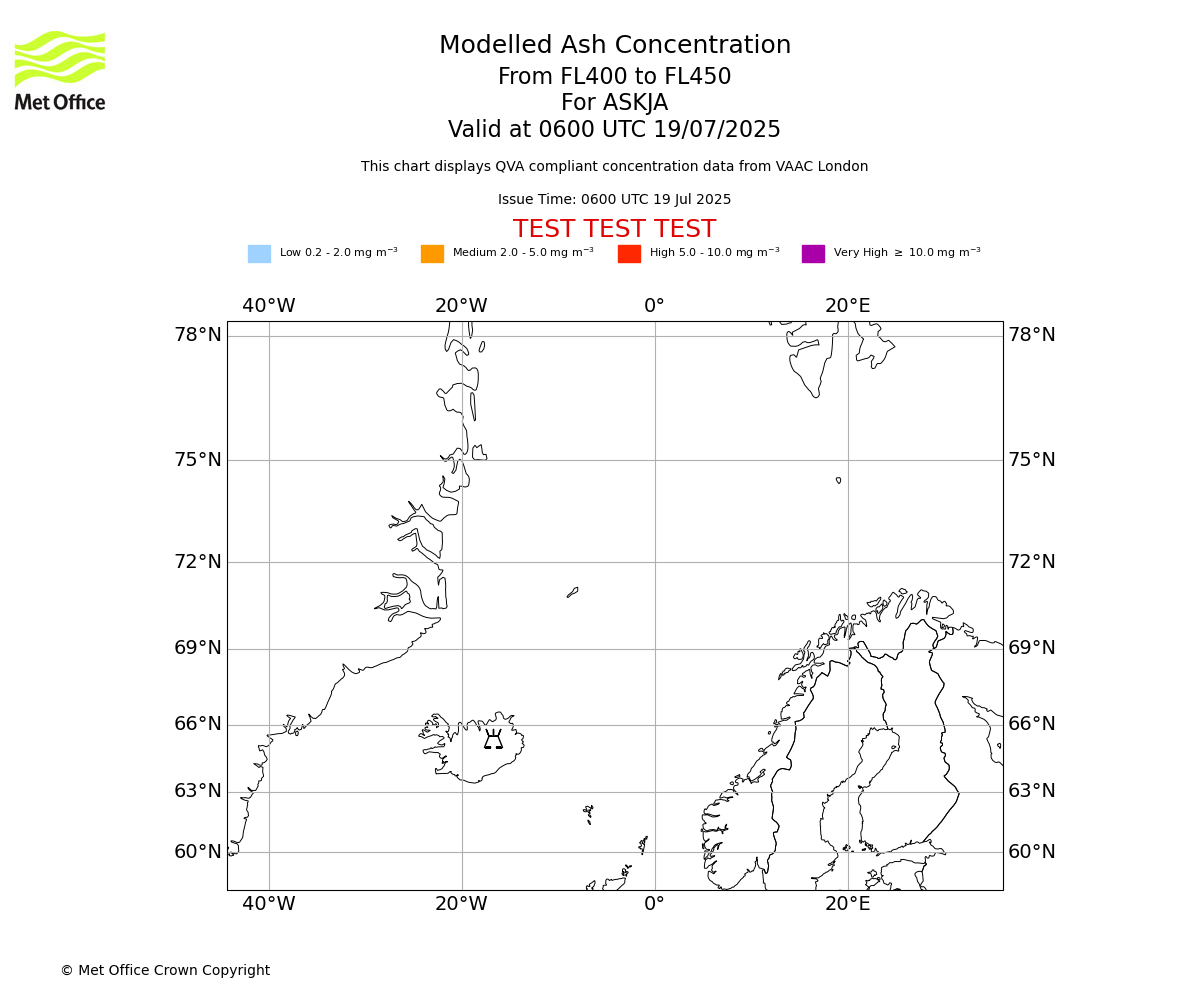 Modelled ash concentration from 400 to 450 for ASKJA. Valid at 0600 UTC 19/07/2025