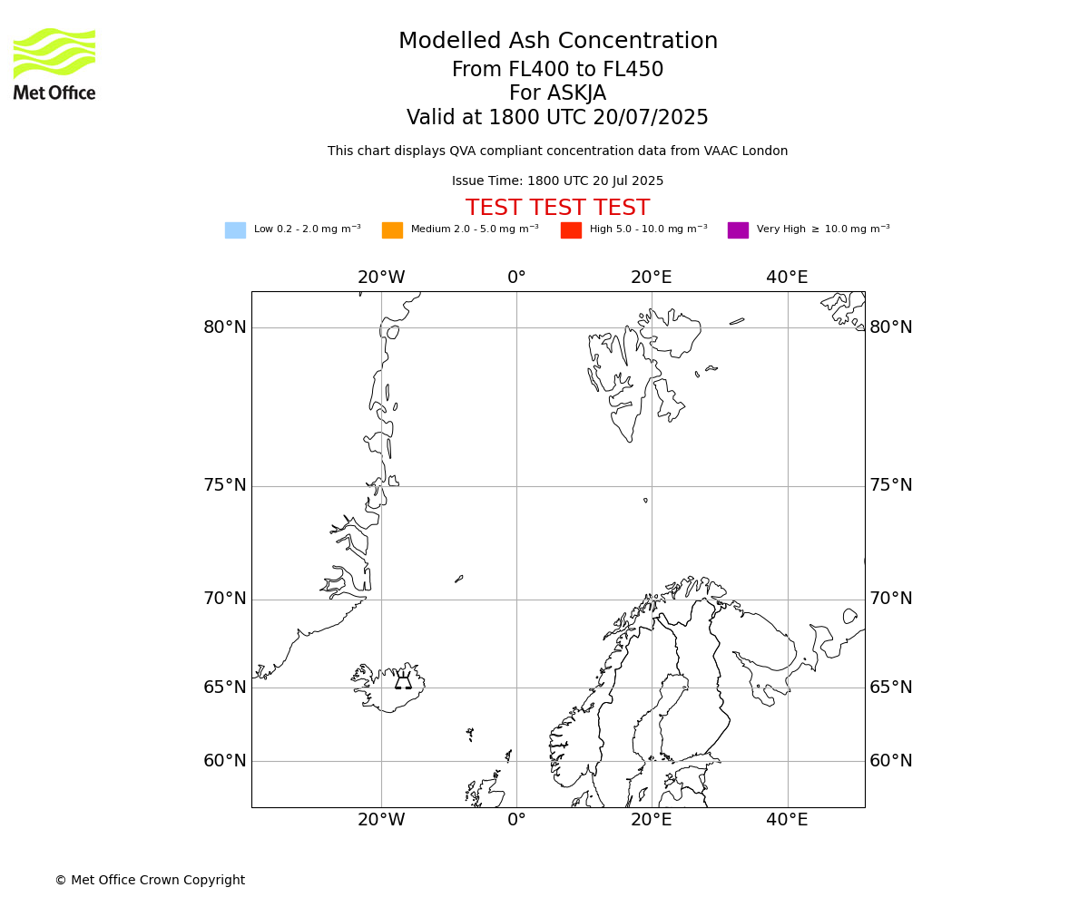 Modelled ash concentration from 400 to 450 for ASKJA. Valid at 1800 UTC 20/07/2025