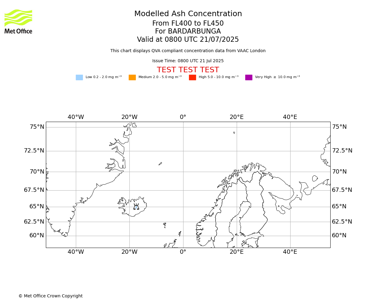 Modelled ash concentration from 400 to 450 for BARDARBUNGA. Valid at 0800 UTC 21/07/2025