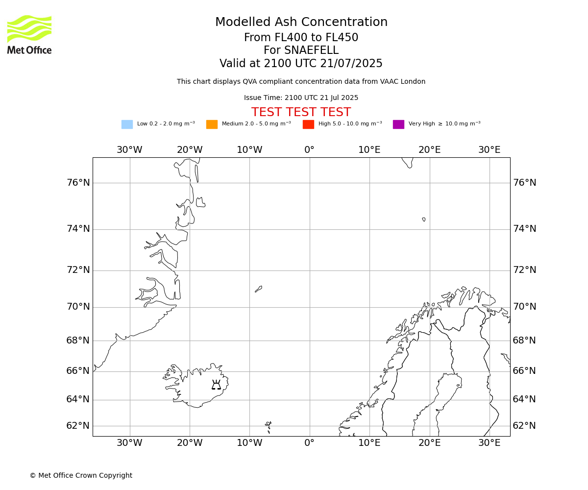 Modelled ash concentration from 400 to 450 for SNAEFELL. Valid at 2100 UTC 21/07/2025