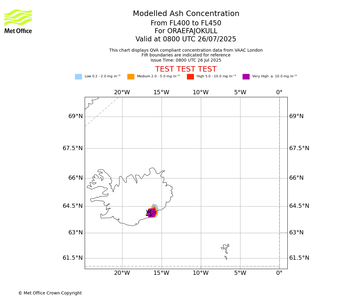 Modelled ash concentration from 400 to 450 for ORAEFAJOKULL. Valid at 0800 UTC 26/07/2025