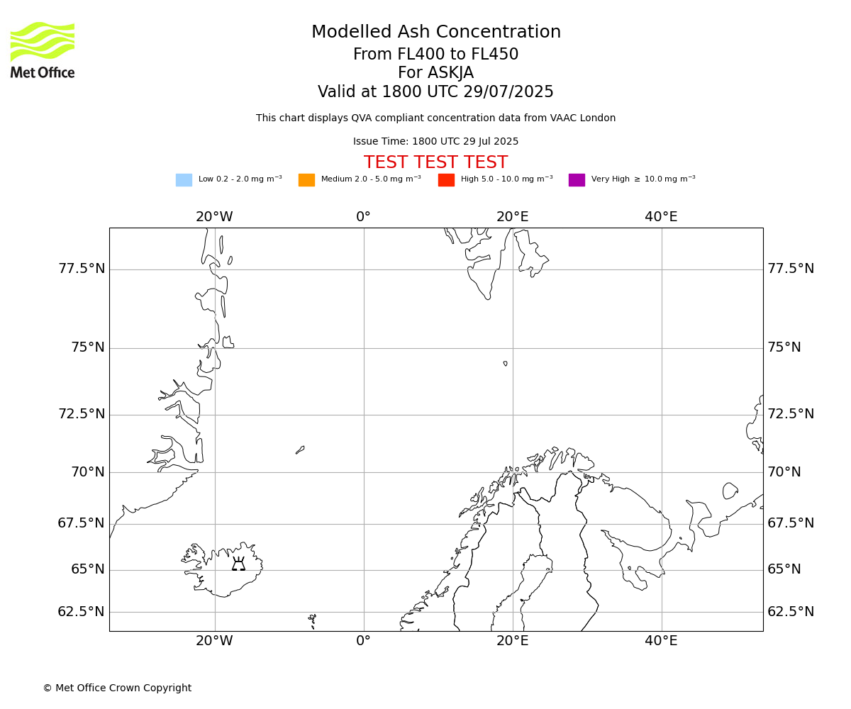Modelled ash concentration from 400 to 450 for ASKJA. Valid at 1800 UTC 29/07/2025