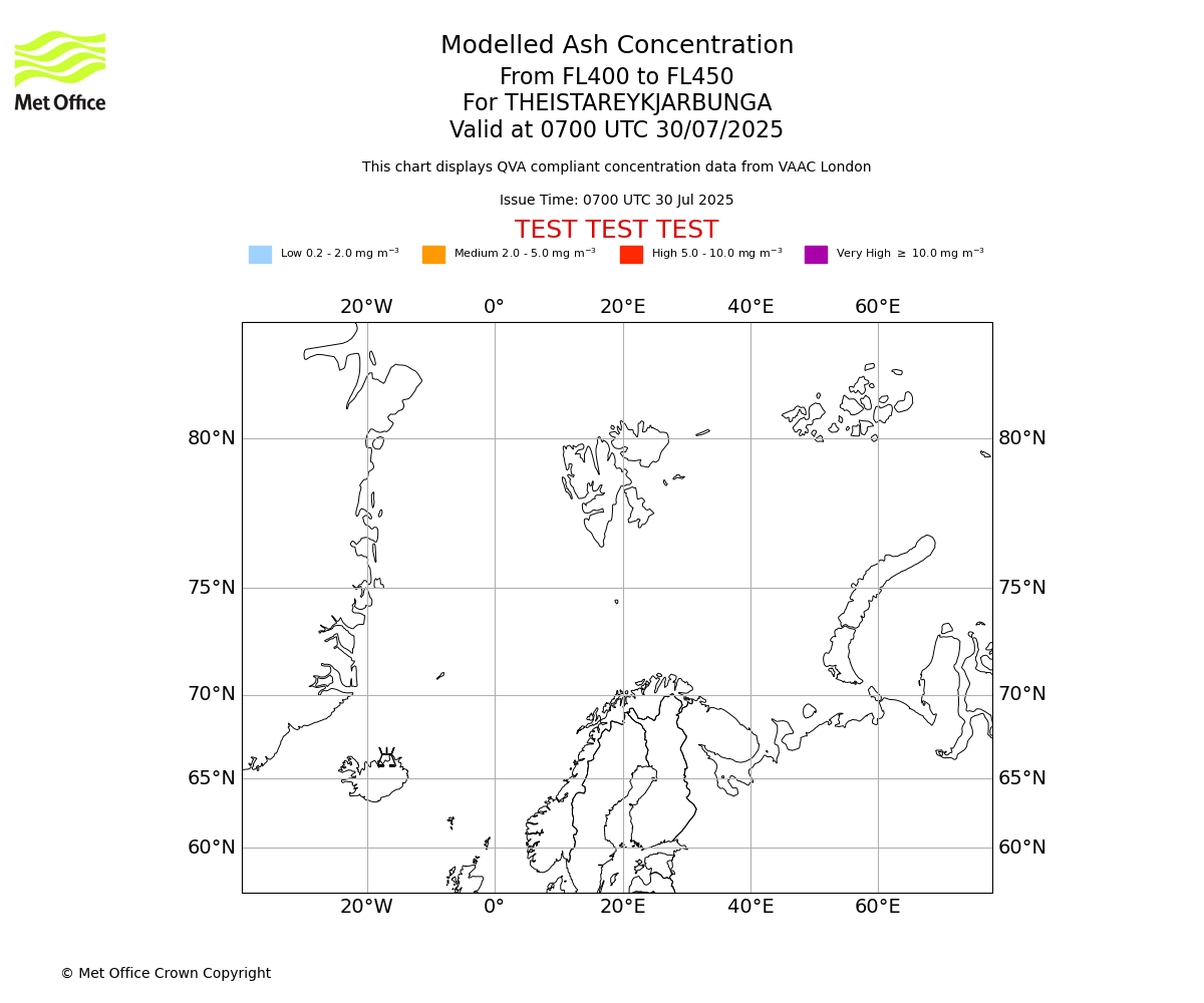 Modelled ash concentration from 400 to 450 for THEISTAREYKJARBUNGA. Valid at 0700 UTC 30/07/2025
