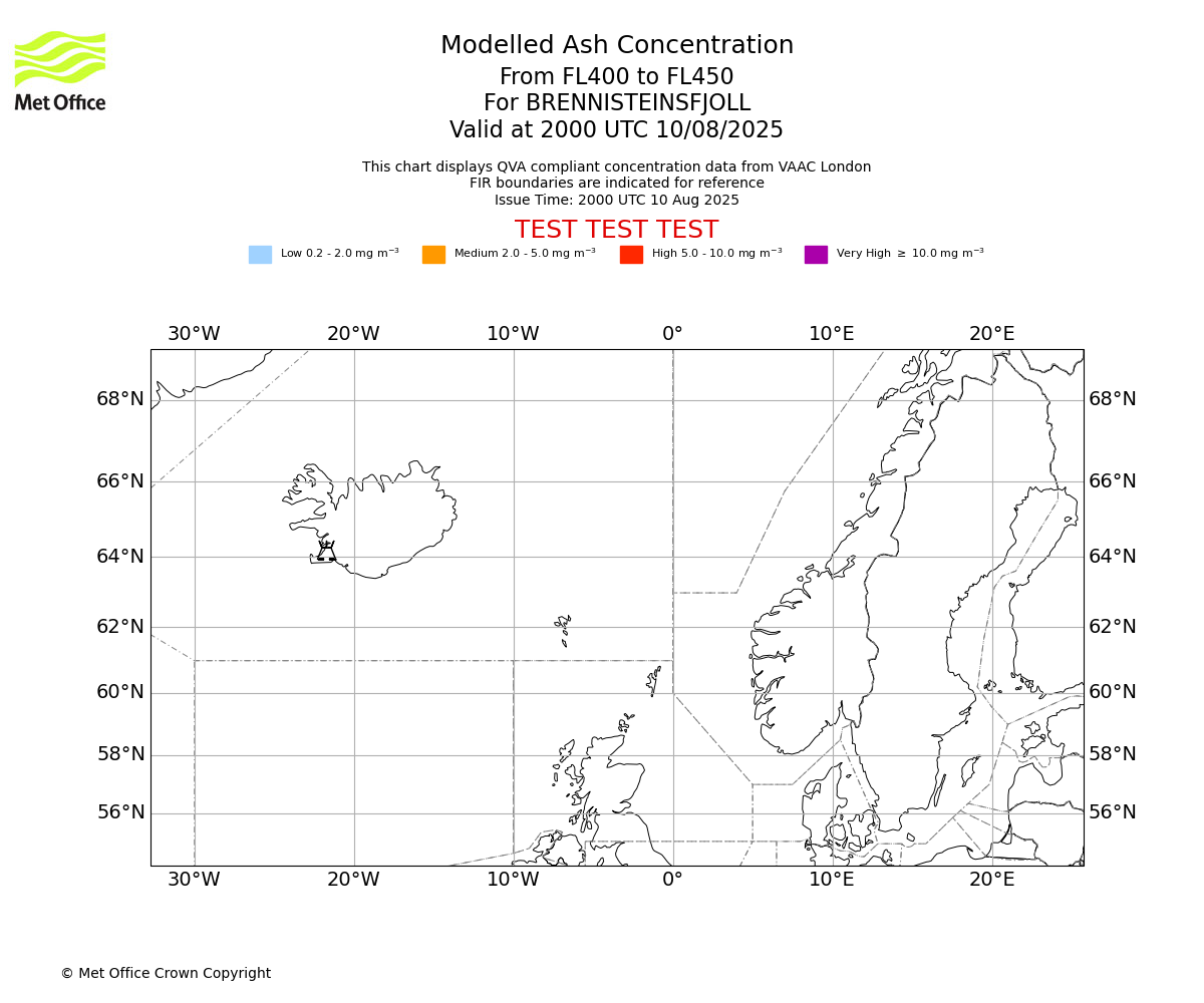 Modelled ash concentration from 400 to 450 for BRENNISTEINSFJOLL. Valid at 2000 UTC 10/08/2025