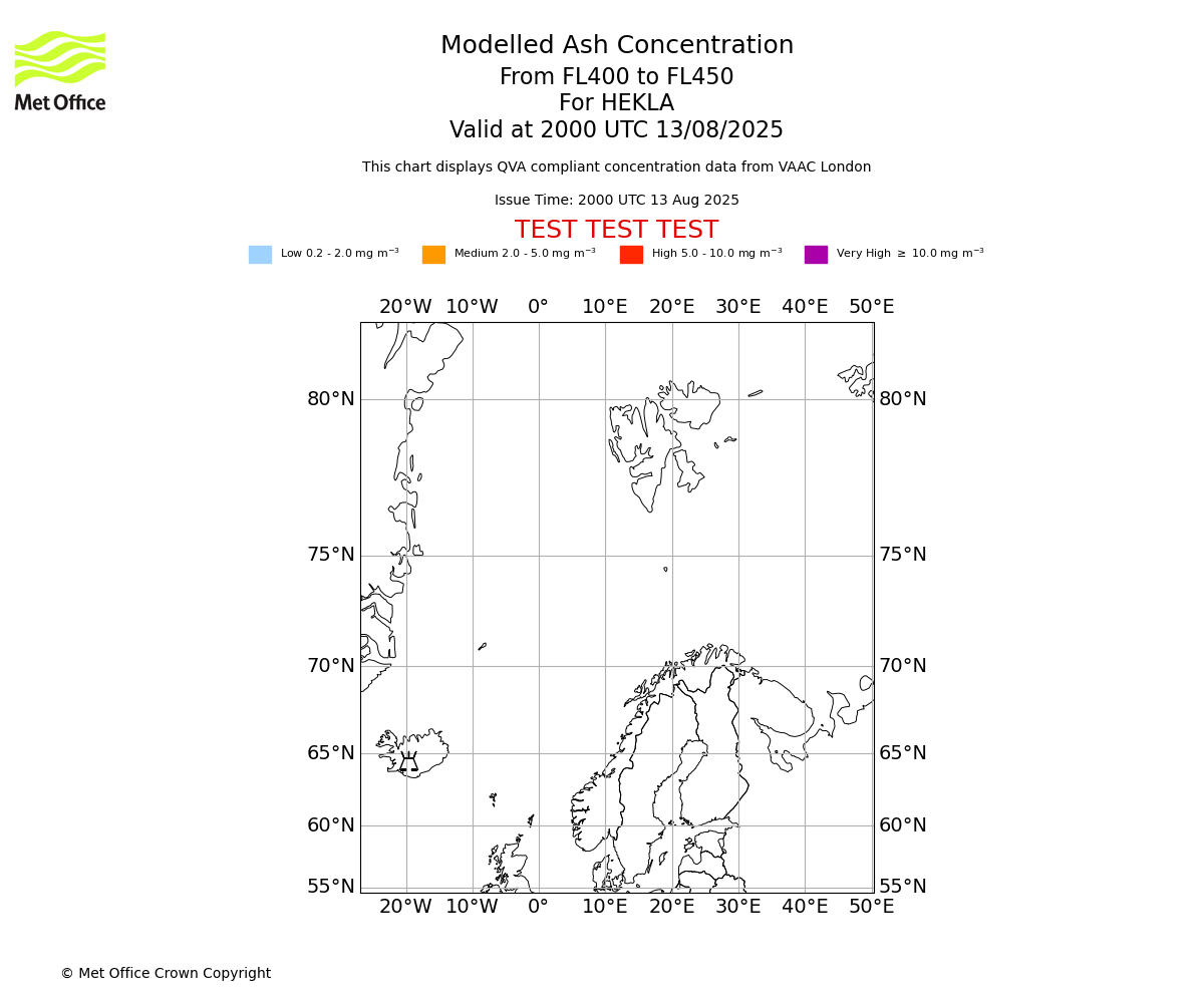 Modelled ash concentration from 400 to 450 for HEKLA. Valid at 2000 UTC 13/08/2025