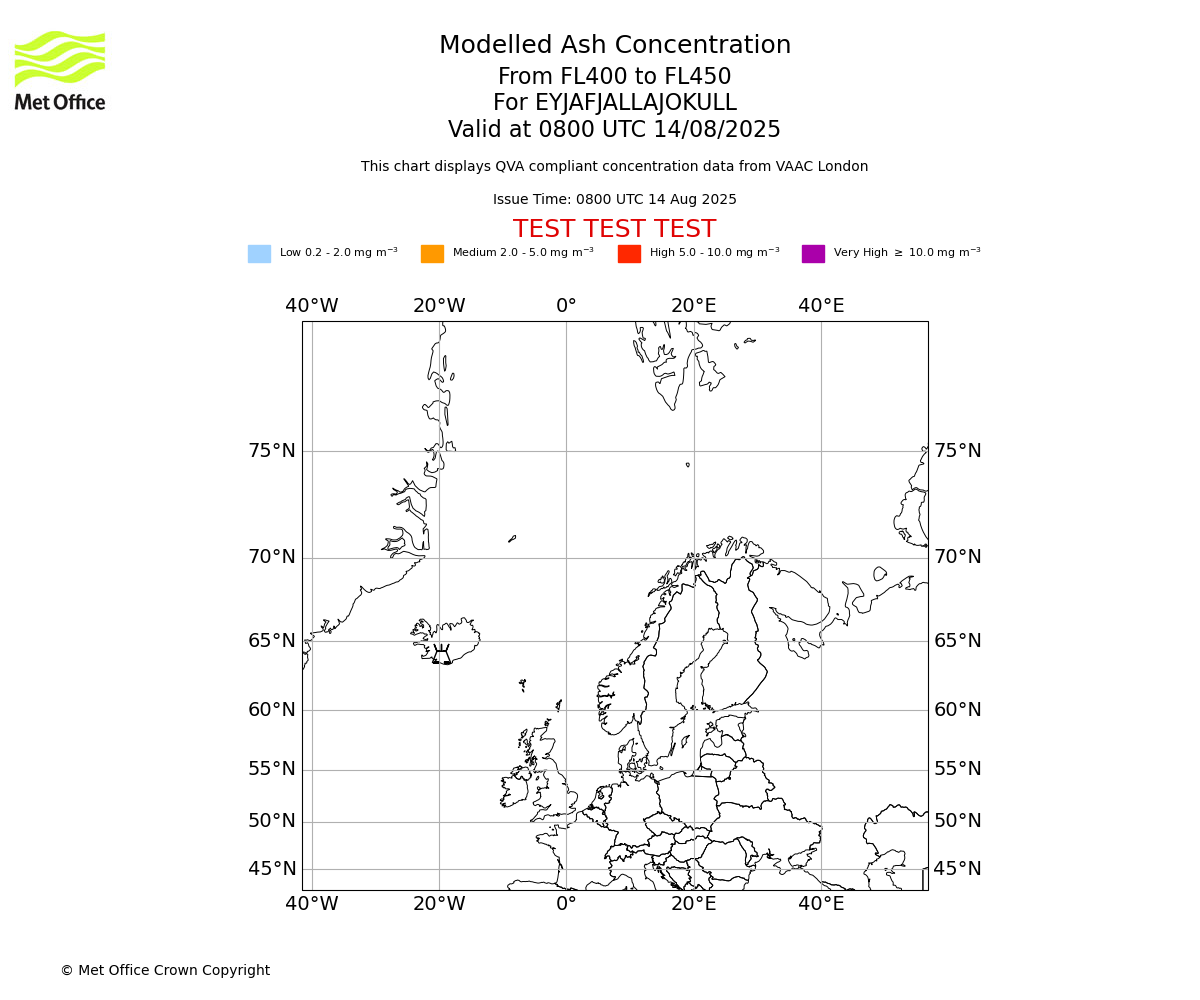 Modelled ash concentration from 400 to 450 for EYJAFJALLAJOKULL. Valid at 0800 UTC 14/08/2025